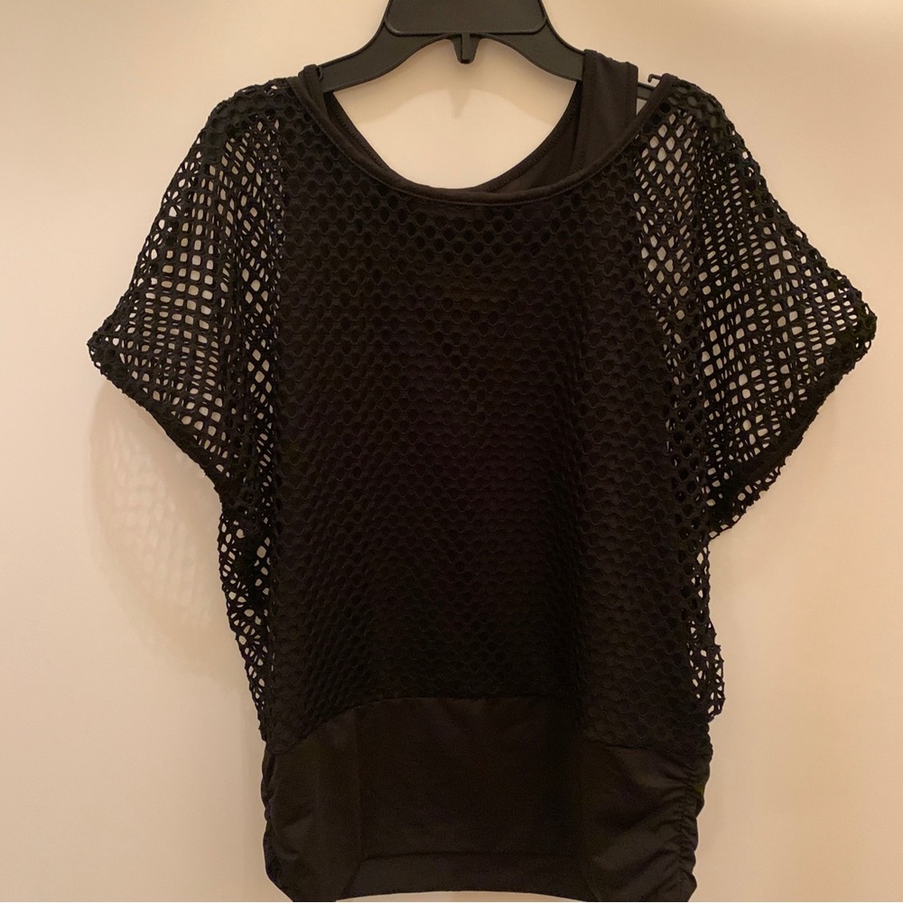 Women’s Pointelle Knit Overlay Tank Top Shirt, Black,  Large